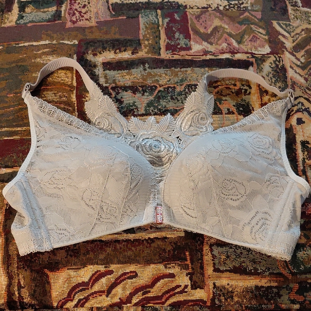 Lace Overlay Wireless Bra in Light Beige - Floral Secrets 42C